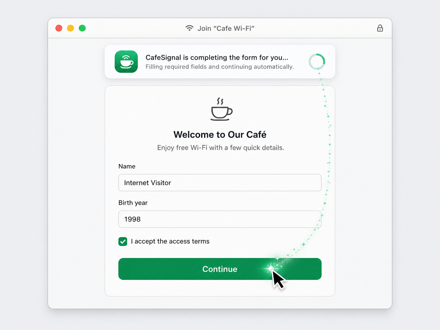 CafeSignal fills routine visitor details, accepts access terms, and presses Continue